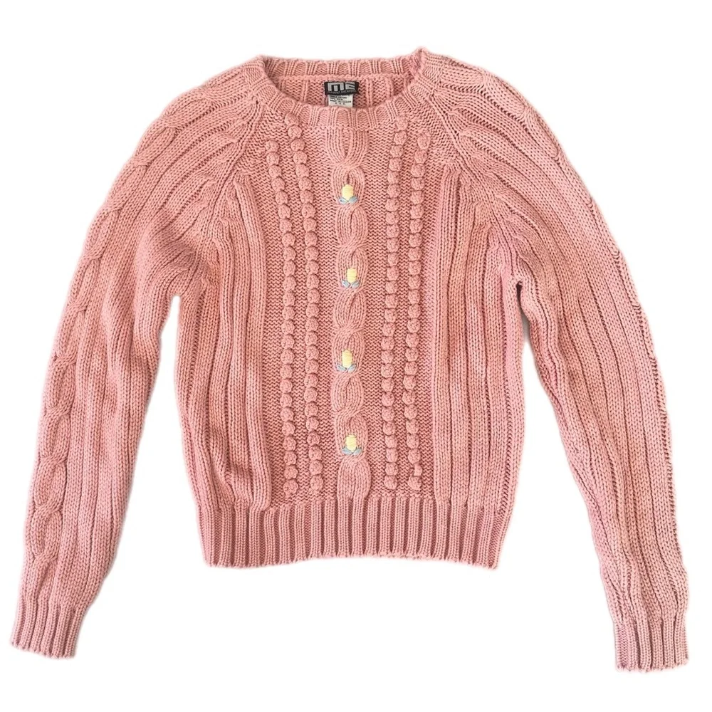 NWT Vintage Pink Cable Knit Acrylic Sweater Tulip Cottagecore PTP 16” app XS